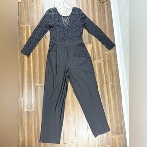 Gianni Bini size M Black Lace Illusion V Neck Long Sleeved Wide Leg Jumpsuit LBD